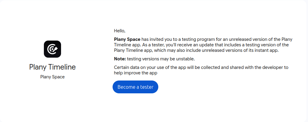 Google Play testing portal for Plany Timeline with the Become a tester button
